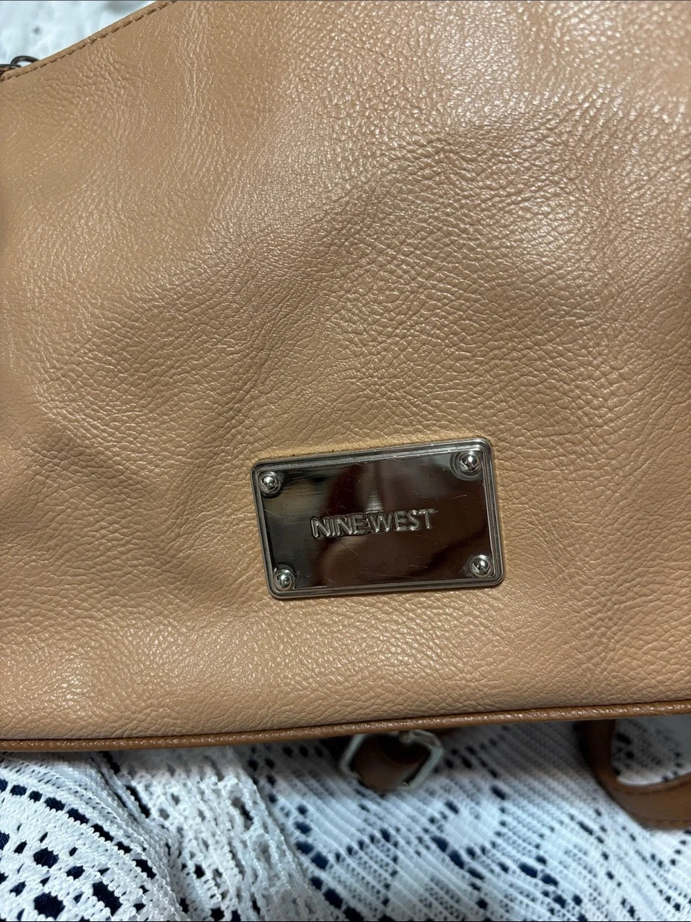 Nine West Tan Faux Leather Tassel Shoulder Bag with Chain Accent